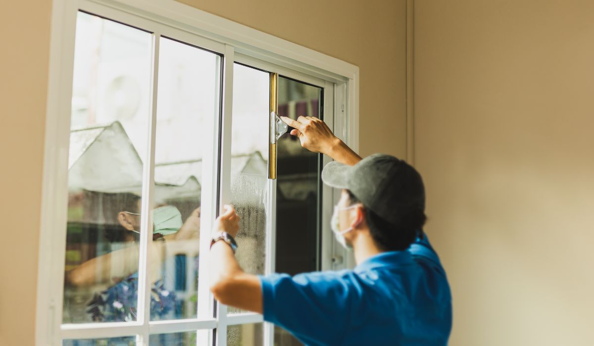 Installer fitting a white vinyl replacement window