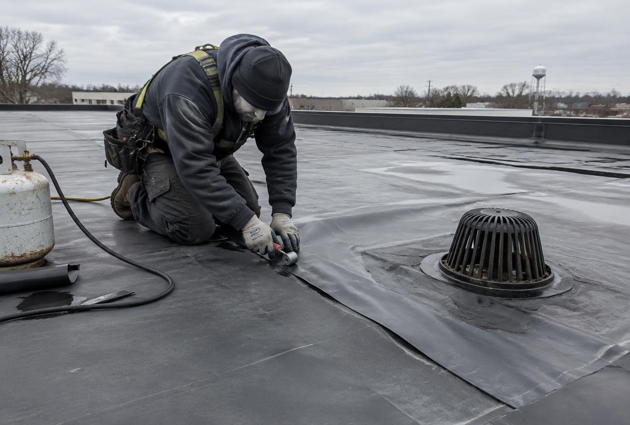 Roofer sealing a membrane seam beside a drain on a flat commercial roof