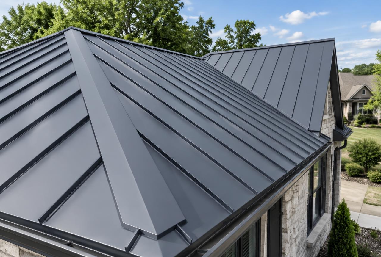 Charcoal standing seam metal roof on a stone suburban home