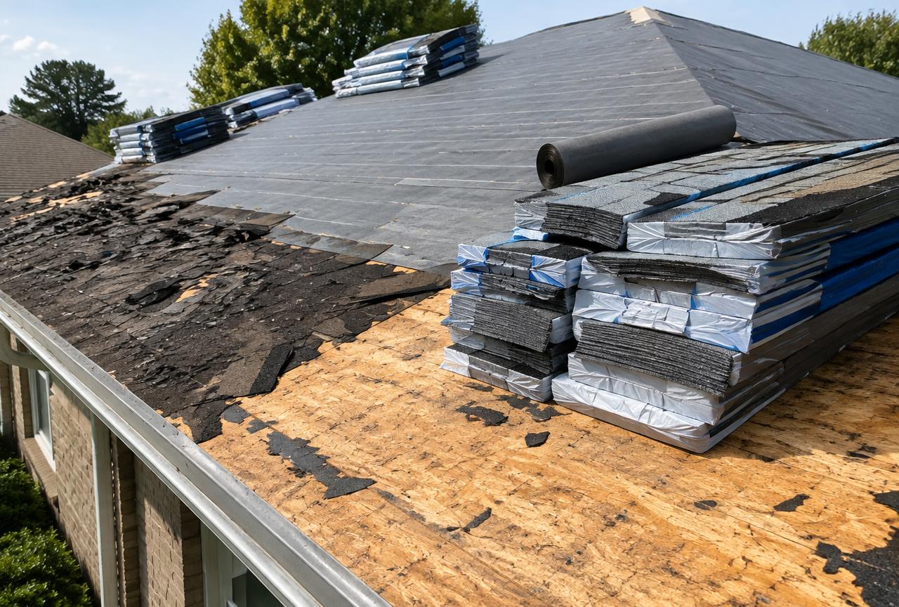 Shingle bundles and new underlayment staged during a roof tear-off