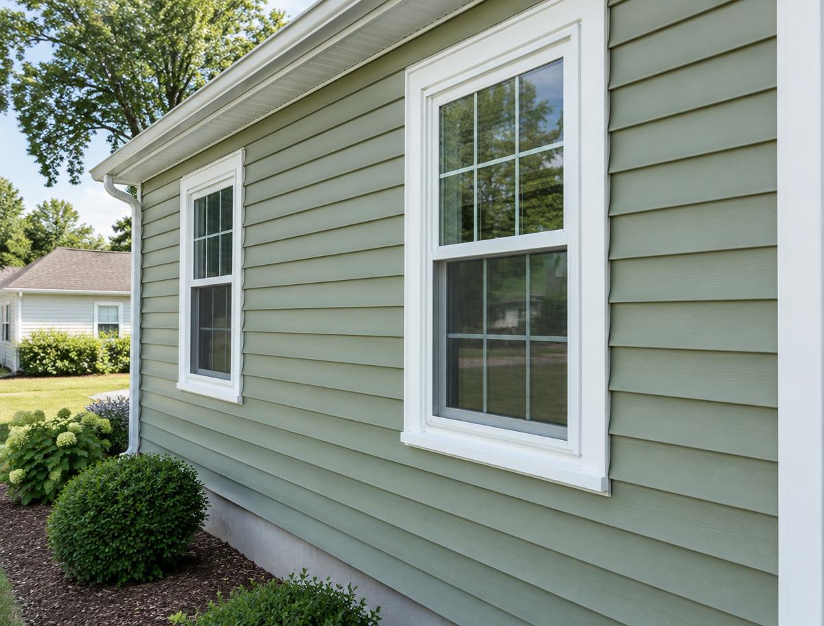 Vinyl lap siding profiles around white-trimmed windows