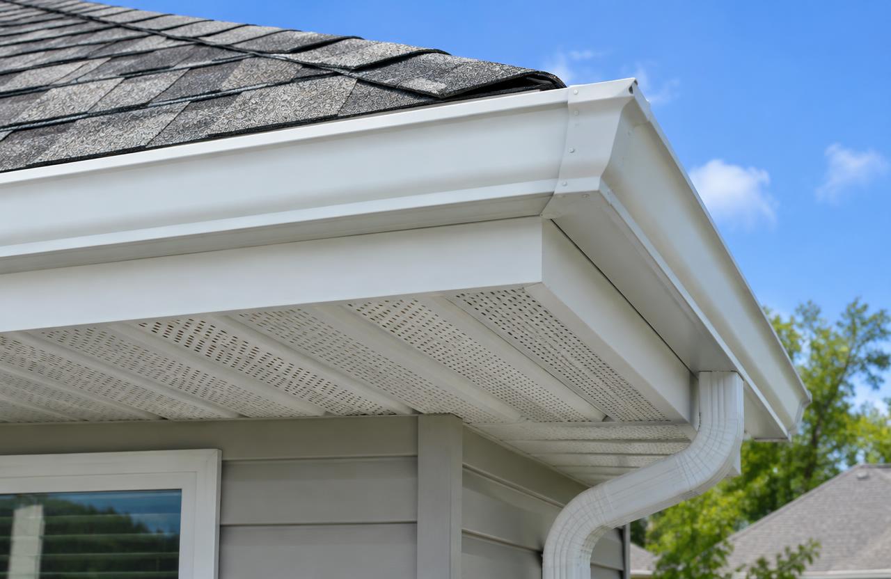 White aluminum fascia wrap and vented vinyl soffit panels beneath a shingle roof edge