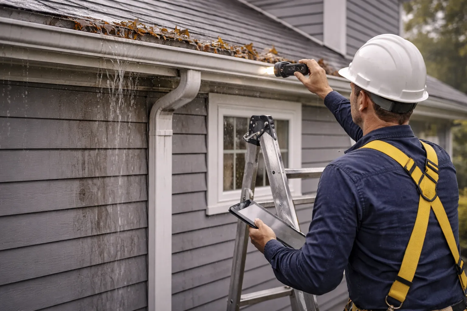 roofing contractor clears gutter