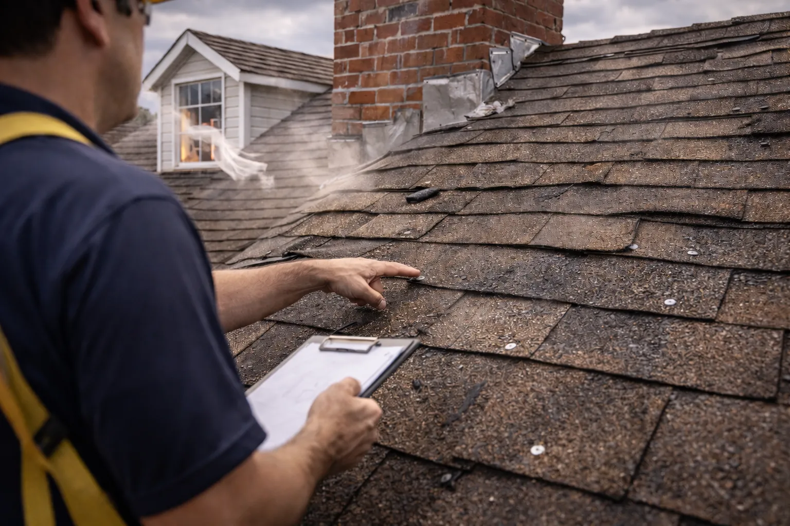 Roof inspection damaged shingles and chimney