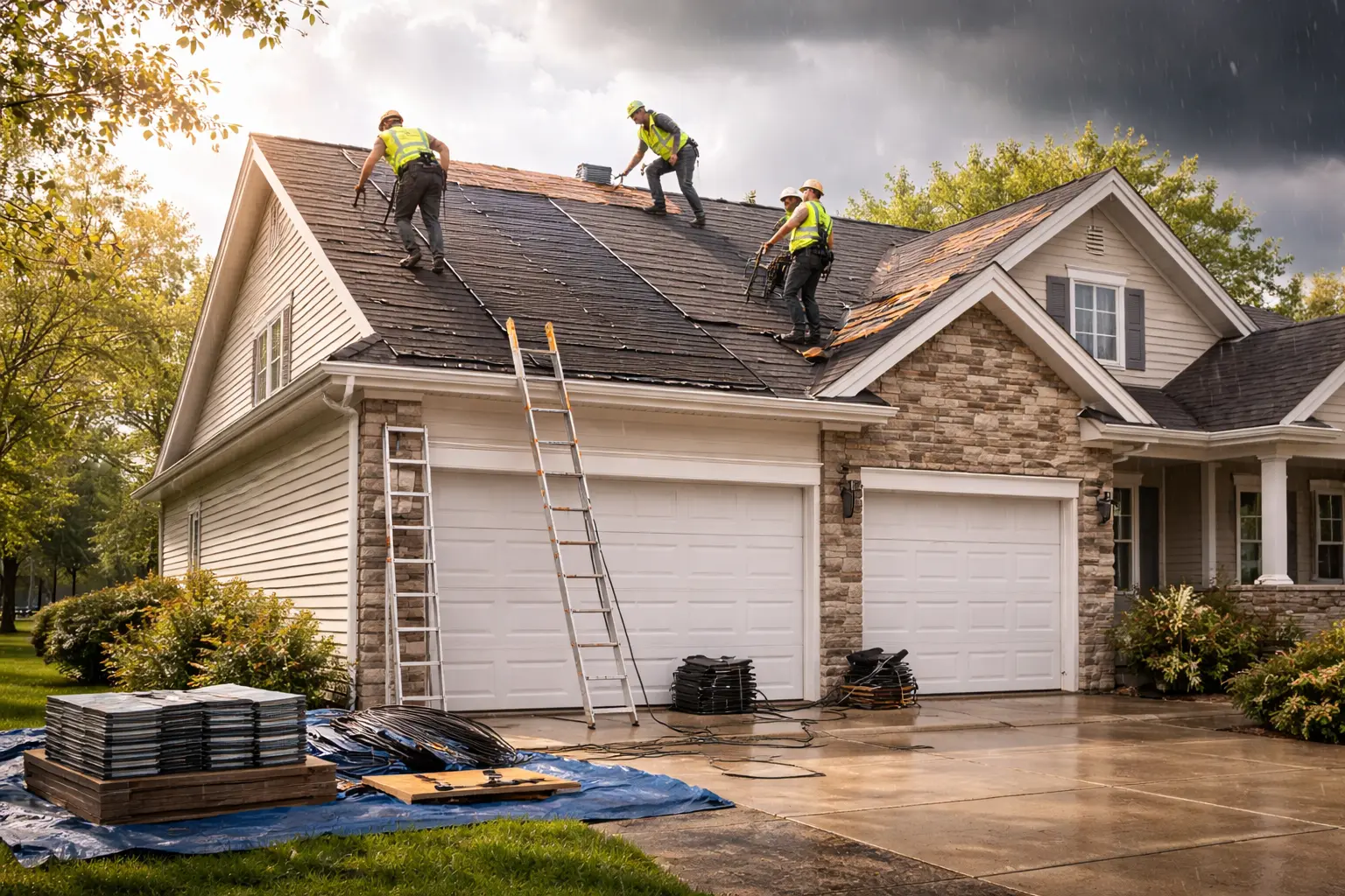 Roof repair under spring skies