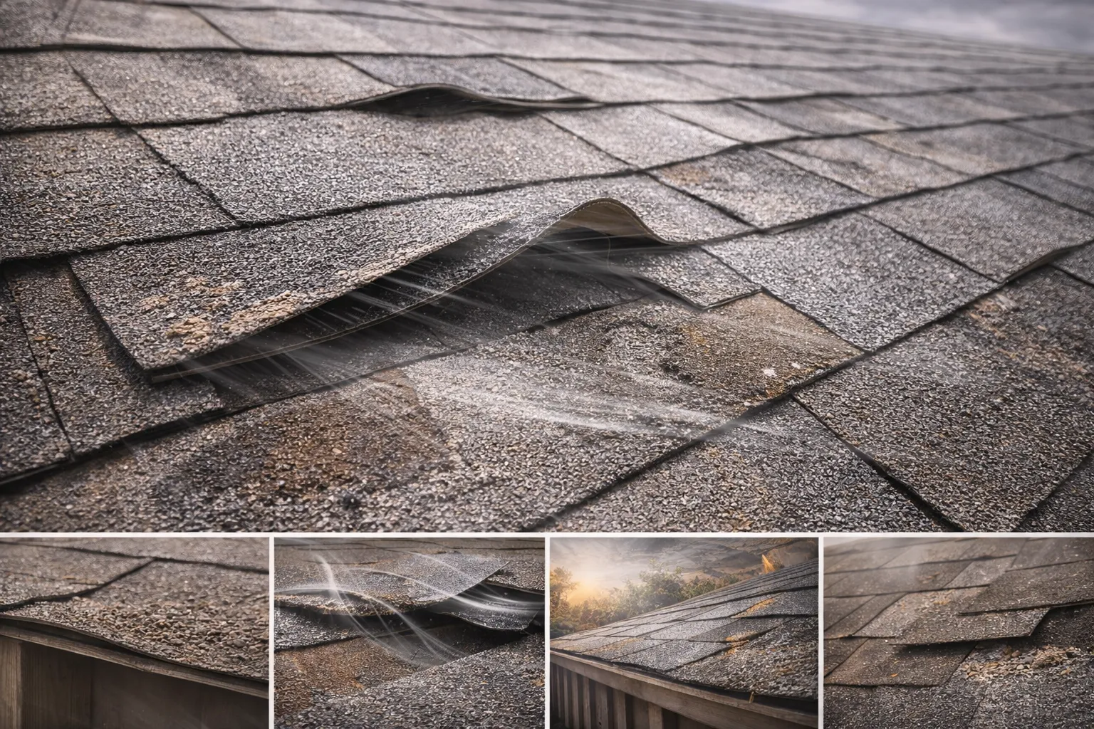 Wind damaged roof shingles