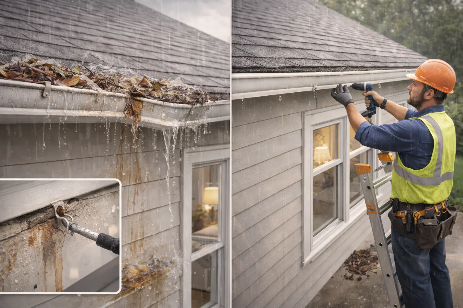 Gutter repair during light rain
