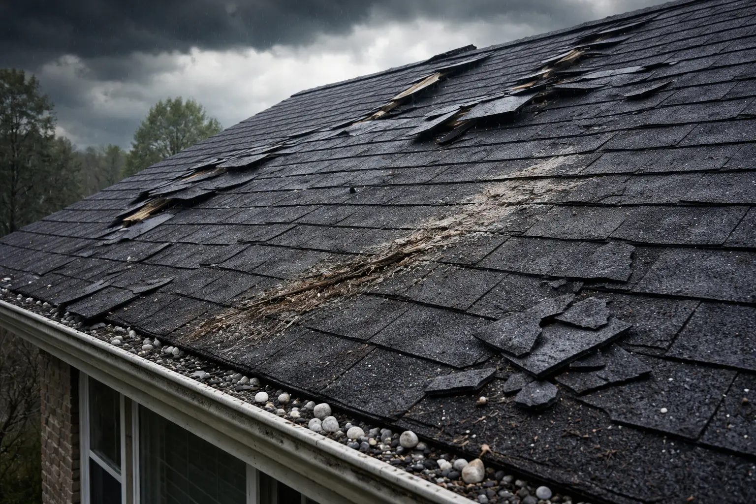 Storm damage on suburban roof