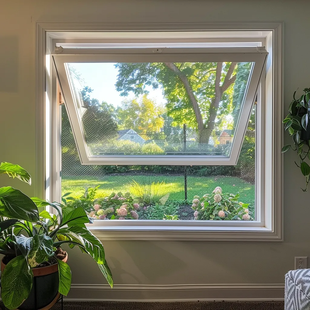 alt="hopper window half-open installed in a cozy, well-lit basement, with outside greenery in the backyard"