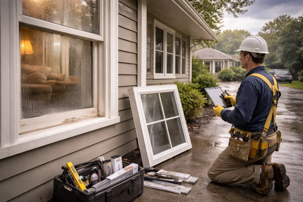 Inspecting a fogged window after rain
