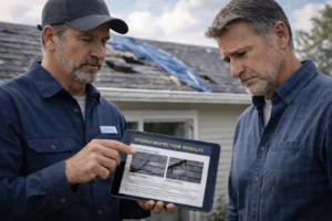 Roof inspection discussion after storm damage
