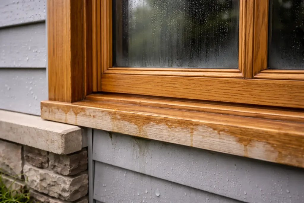 Weathered window after rainfall