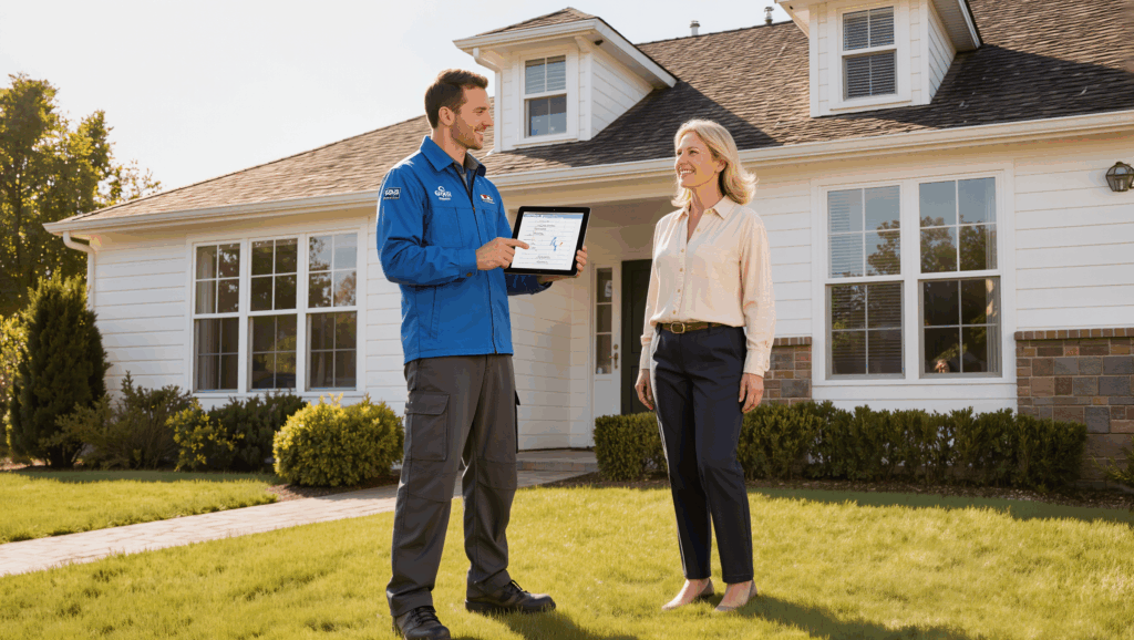 A confident project estimator standing outside a residential home in a suburban neighborhood, speaking with a homeowner