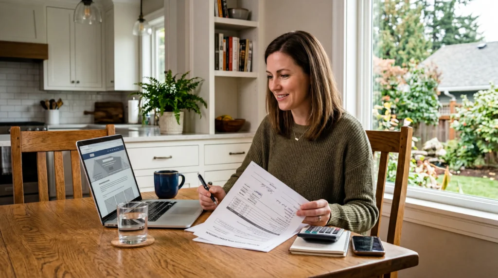 A homeowner seated at a kitchen table making a confident home improvement decision, reviewing a roofing quote with a laptop,