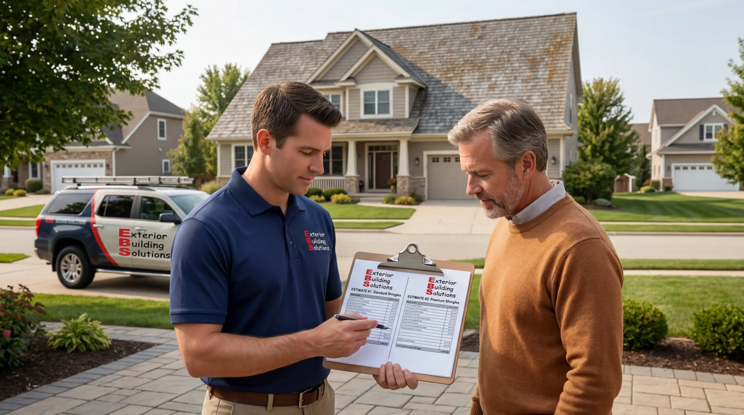 A professional residential roofing consultation scene in a suburban neighborhood