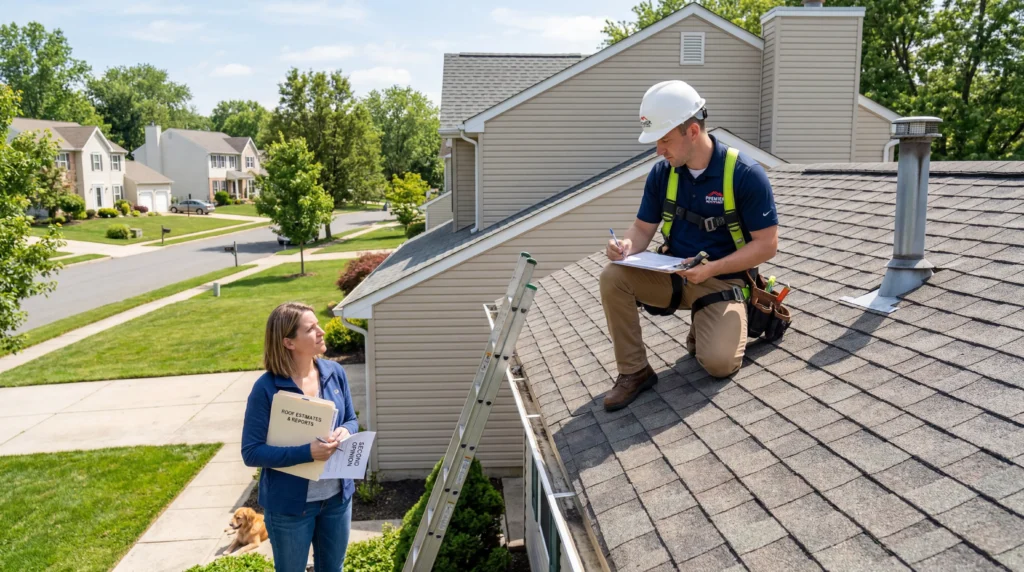 A professional roofing inspection in progress on a residential home