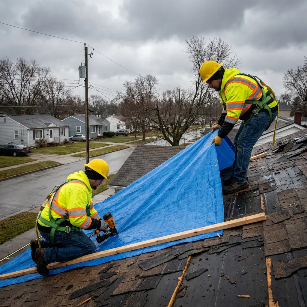 Experts working on a damaged roof