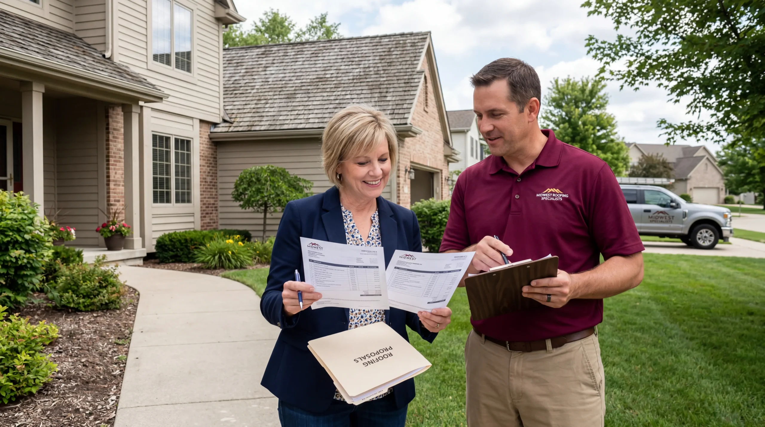 A professional residential roofing contractor in a suburban neighborhood, showing a homeowner review of two roofing estimates