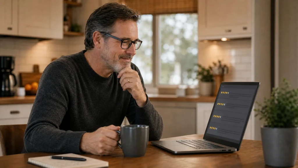 Homeowners reading reviews