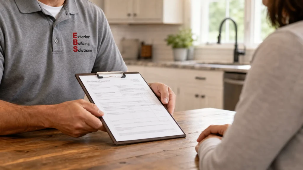 Contractor with client discussing insurance