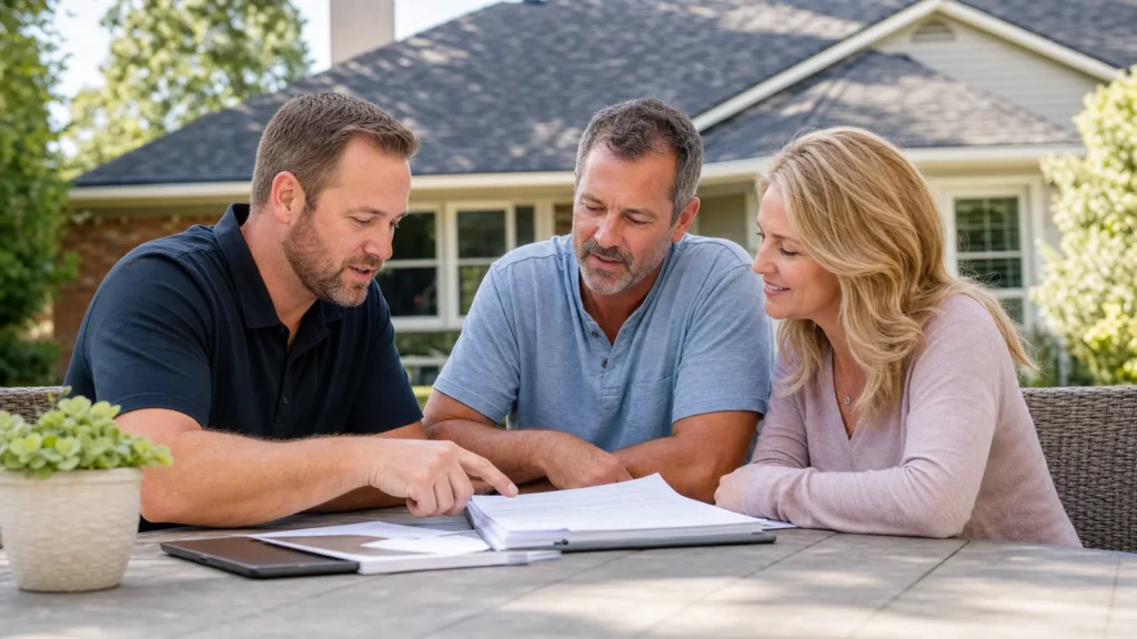 roofing contractor with a homeowner couple