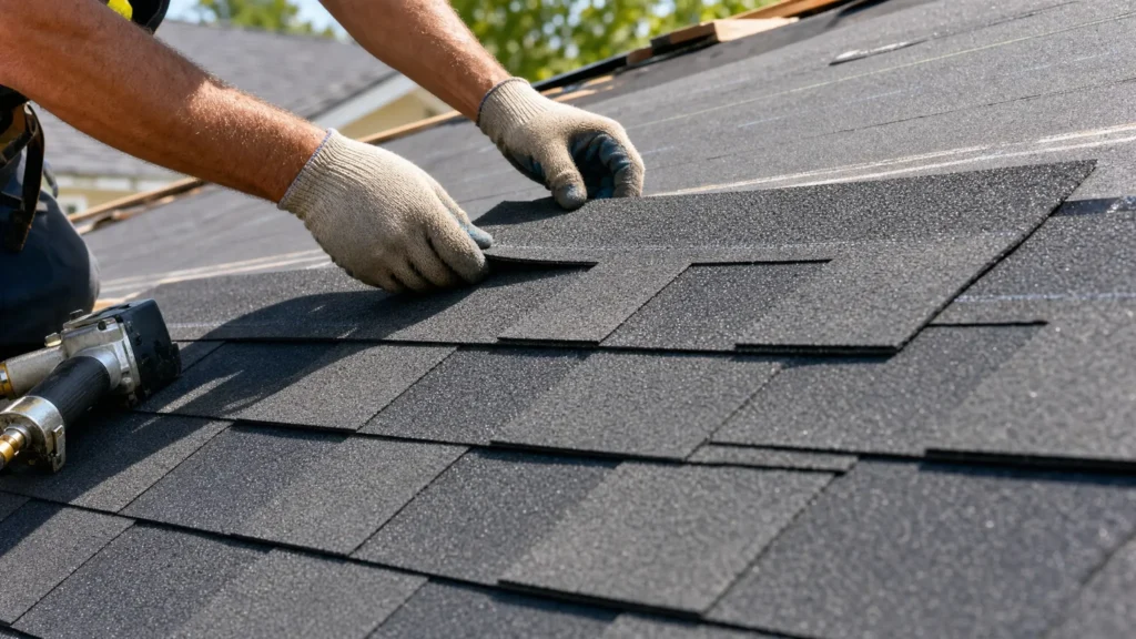 Shingle installation in progress